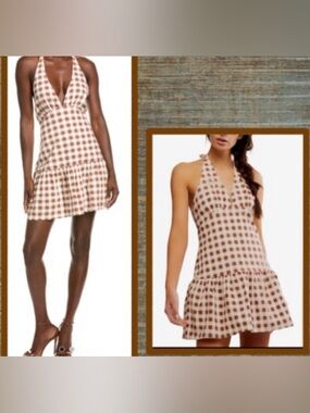 Free People Brown and White Checkered Halter Mini Dress - Size Large